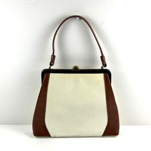 Vintage Frame Handbag Women Medium Cream Brown Good Kiss Lock Retro 60's